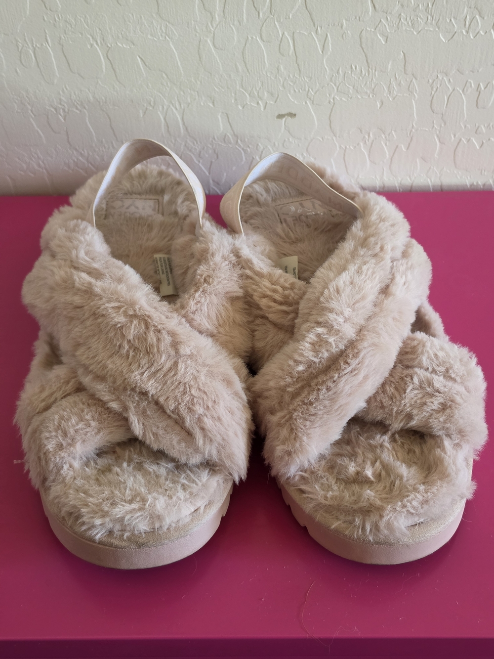 Cozy Plush Crisscross Slide Sandals in Beige